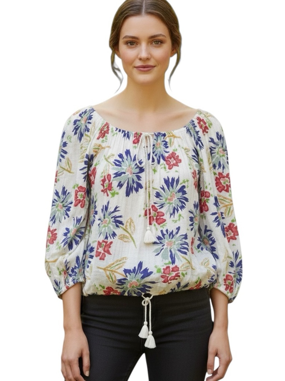 Denim & Supply Ralph Lauren XL Boho Peasant Top Multicolor Floral Tassel Tie
